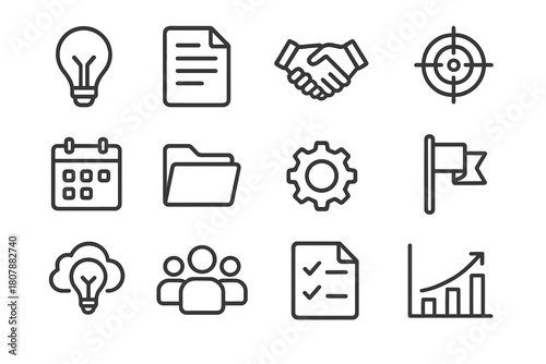 Project Initiation Icons. Project initiation. Line icon set of project initiation: light bulb, document, handshake, target, calendar, folder, gear, flag, idea