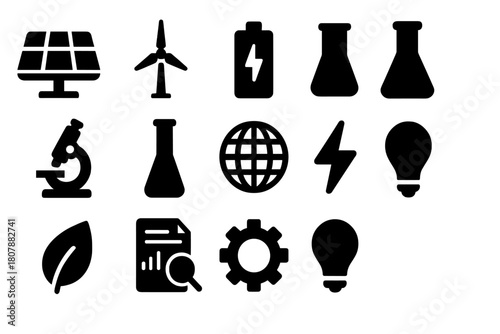 Clean Energy Icons. Clean energy study. Solid icon set of Clean energy study: solar panel, wind turbine, battery, lab flask, microscope, test tube, globe,
