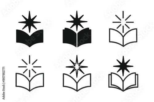 Radiant Spark Logos. Flash of brilliance. Icon set. Set Logo of flash of brilliance: radiant spark emerging from an open book. harmonious logo variations of