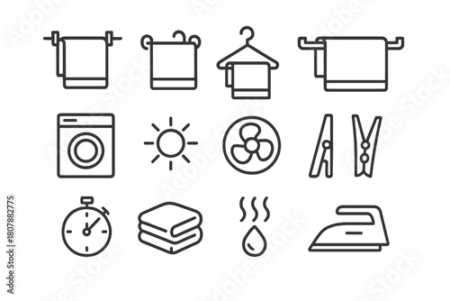 Towel Drying Icons. Towel drying methods. Line icon set of towel drying methods: clothesline, towel rack, hanger, drying rod, tumble dryer, sun icon, airflow