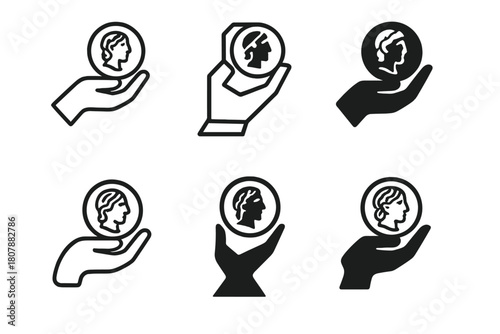 Antique Coin Logo Collection. Starting a Collection of Antique Coins. Icon set. Set Logo of Antique Coin Collecting: hand holding ancient coin. harmonious logo