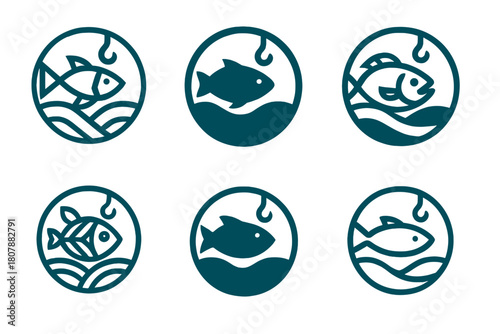 Sustainable Seafood Logos. Sustainable seafood and responsible fishing practices. Icon set. Set Logo of Sustainable seafood and responsible fishing practices: