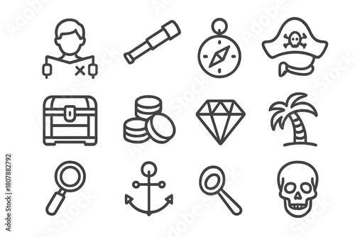 Treasure Seeker Icons. Treasure seekers. Line icon set of treasure seekers: person with map, telescope, compass, shovel, treasure chest, gold coins, gem,
