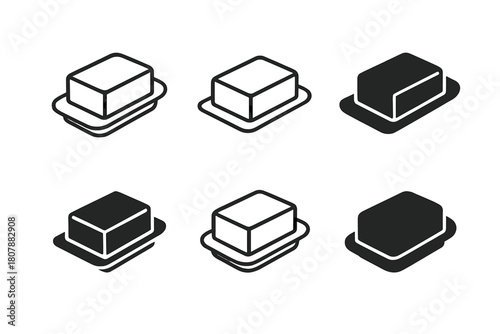 Butter Dish Icons. Butter dish. Icon set. Set Logo of Butter dish: Butter spreader and dish combo. harmonious logo variations of the same emblematic concept,