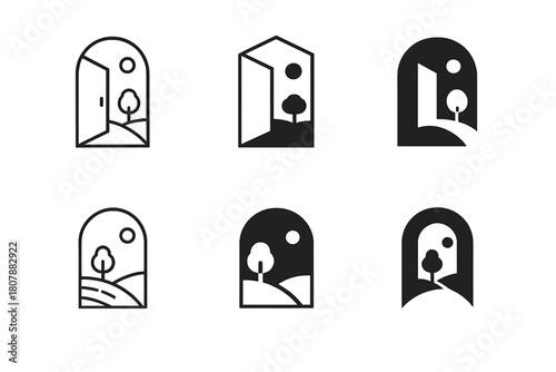 Open Space Logos. open space. Icon set. Set Logo of open space: minimalist landscape with sky and horizon. harmonious logo variations of the same emblematic