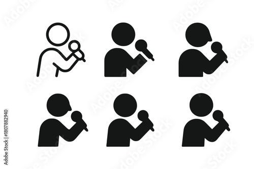 Singing Icon Designs. Auditions and casting calls for singers. Icon set. Set Logo of Microphone: Singer performing. Minimal outline, Filled silhouette,