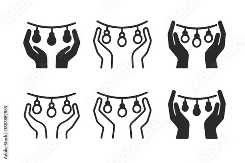 Fairy Lights Icons. Setting up outdoor fairy lights. Icon set. Set Logo of setting up outdoor fairy lights: lantern and string combo. harmonious logo