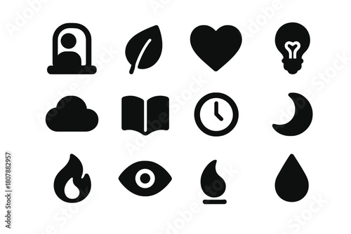 Self Reflection Icons. Self reflection. Solid icon set of self reflection: mirror, person, leaf, heart, lightbulb, cloud, book, clock, moon, flame, eye, drop.