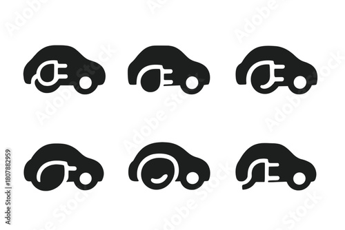 Electric Vehicle Icons. Climate change action. Icon set. Set Logo of Electric Vehicle: EV car with charging plug. Symmetrical form, Stylized detail, Negative