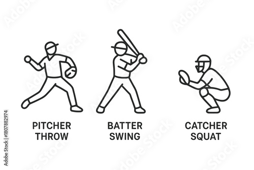 Baseball Players in Action. Baseball player actions. Line icon set of baseball player actions: pitcher throw, batter swing, catcher squat