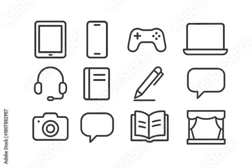 Interactive Storytelling Icons. Interactive storytelling. Line icon set of interactive storytelling: tablet, smartphone, game controller, laptop, headset,