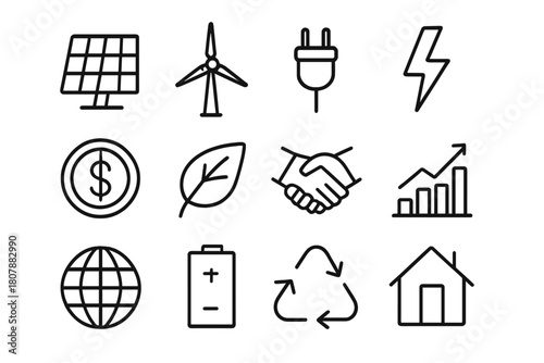 Clean Energy Icons. Energy lab. Solid icon set of Energy lab: lab flask, microscope, test tube, battery, solar panel, wind turbine, leaf, lightbulb, gear,
