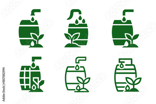 Eco-friendly Irrigation Logos. Eco-friendly irrigation. Icon set. Set Logo of eco-friendly irrigation: rainwater collection barrel system. harmonious logo