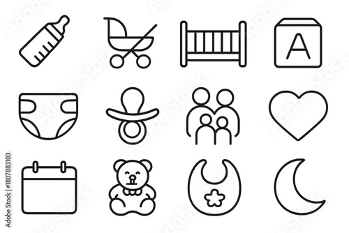 Parenting Icon Set. Parenting moments. Line icon set of parenting moments: baby bottle, stroller, crib, toy block, diaper, pacifier, family group, heart,