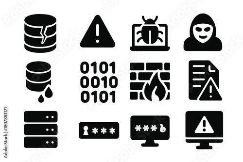 Data Breach Icons. Data breach warning. Line icon set of data breach warning: broken shield, exclamation mark, lock, hacker, laptop, alert triangle, document,