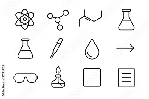 Chemical Formula Icons. Chemical formulas. Line icon set of chemical formulas: atom model, molecular bond, structural formula, test tube, Erlenmeyer flask,