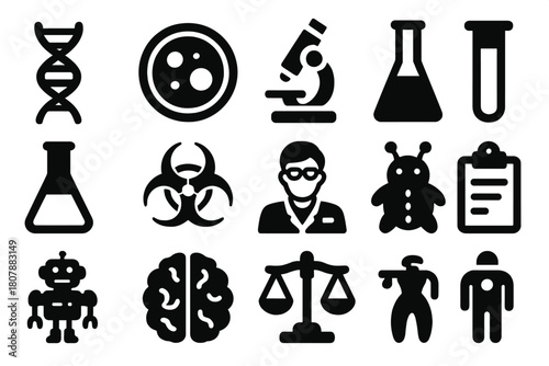 Cloning Ethics Icons. Cloning Ethics. Solid icon set of Cloning Ethics: DNA strand, petri dish, microscope, test tube, lab flask, biohazard symbol, scientist,