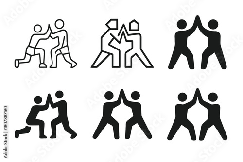 Teamwork Fitness Logos. A personal trainer demonstrating a workout move for a client. Icon set. Set Logo of teamwork fitness: two people high-fiving after a