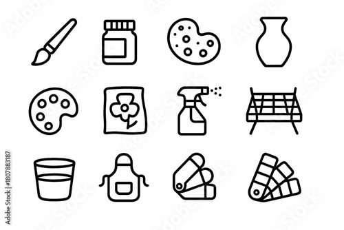 Rock and Pottery Tools. Painting rocks and pottery. Line icon set of painting rocks and pottery: paintbrush, paint jar, sponge, rock, pottery vase, palette,