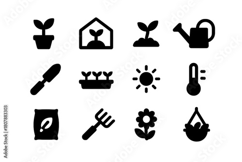 Plant Care Icons. Plant Care. Solid icon set of Plant Care: potted plant, greenhouse, seedling, watering can, garden trowel, plant tray, sun, thermometer, soil
