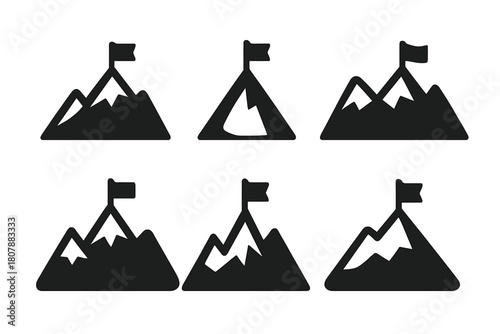 Mountain Peak Icons. Self-motivation. Icon set. Set Logo of Mountain Peak: Goal achievement. Flat solid, Symmetrical form, Stylized detail, Iconic shape,