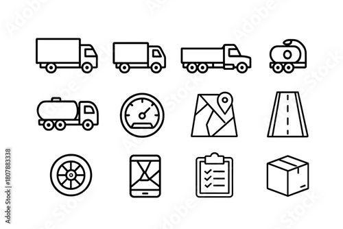 Truck Fleet Icons. Truck fleet management. Line icon set of truck fleet management: cargo truck, delivery truck, semi-trailer, flatbed, fuel tanker, dashboard,