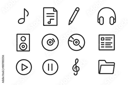 Music Catalog Icons. Music catalog sheet. Line icon set of Music catalog sheet: music note, sheet of paper, pencil, headphones, speaker, record, CD, playlist
