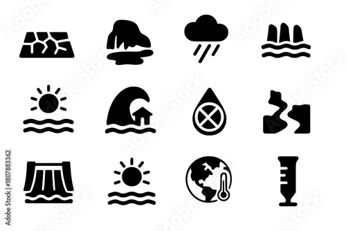 Climate Change Icons. Climate Change. Solid icon set of Climate Change: factory, smoke, car, oil barrel, dead tree, chemical spill, power plant, pipeline,