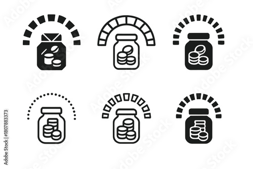 Expense Tracking Icons. Tracking monthly expenses. Icon set. Set Logo of tracking monthly expenses: line graph with trend arrow and currency dot markers.