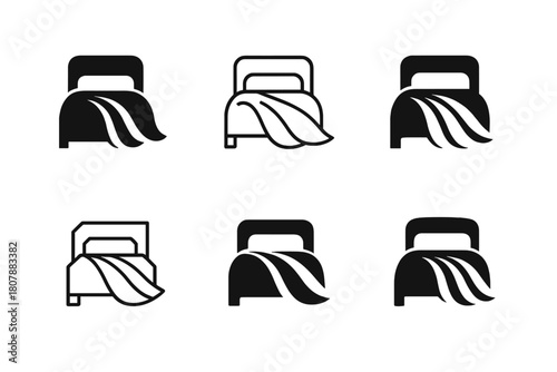 Linen Logo Transformations. Transforming a bedroom with new linens. Icon set. Set Logo of transforming a bedroom with new linens: soft fabric folds. harmonious