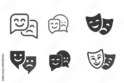 Theater Logo Variations. Theater festivals and events. Icon set. Set Logo of stage performance: theater masks on curtain backdrop. harmonious logo variations