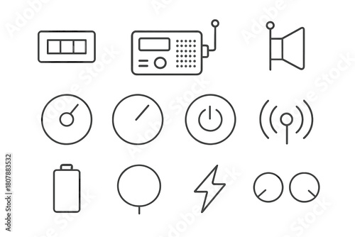 Digital Radio Icons. Digital radio. Line icon set of digital radio: display screen, radio, antenna, speaker, tuning dial, volume knob, power button, signal