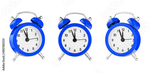 classic watch, pointer clock, Blue color alarm watch on isolated white background close up