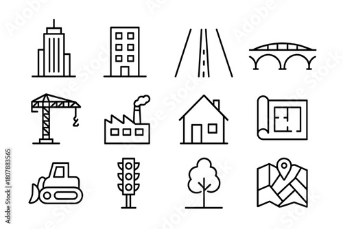 Metropolitan Icon Set. Metropolitan growth. Line icon set of Metropolitan growth: skyscraper, apartment building, road, bridge, construction crane, factory,