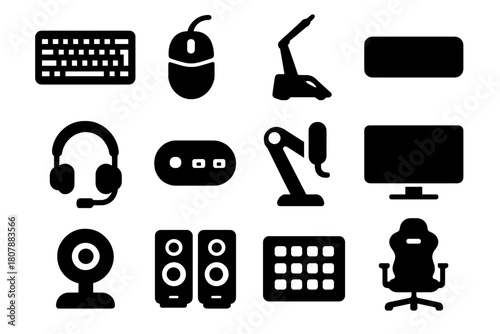 PC Gaming Icons. PC Gaming Peripherals. Solid icon set of PC Gaming Peripherals: mechanical keyboard, gaming mouse, mouse bungee, extended mousepad, headset,