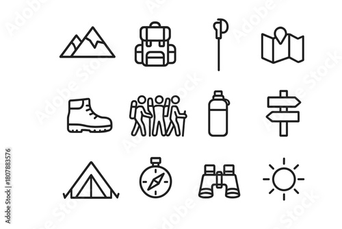 Hiking Icon Set. Hiking expedition. Line icon set of Hiking expedition: group of hikers, mountain, backpack, walking stick, hiking boots, map, compass, water