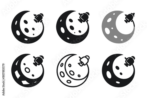Lunar Exploration Logos. Lunar exploration and moon missions. Icon set. Set Logo of Lunar Exploration: moon and orbiting spacecraft. harmonious logo variations