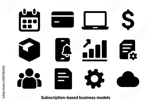 Subscription Icons Set. Subscription-based business models. Solid icon set of subscription-based business models: calendar, credit card, laptop, dollar sign,