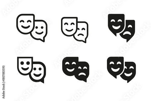 Theater Logo Variations. Theater festivals and events. Icon set. Set Logo of stage performance: theater masks on curtain backdrop. harmonious logo variations