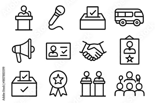 Political Campaign Icons. Political campaign. Line icon set of Political campaign: podium, microphone, ballot, campaign bus, megaphone, voter card, handshake,