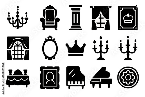 Royal Interiors Icons. Royal interiors. Solid icon set of Royal interiors: chandelier, throne chair, marble column, royal carpet, curtain window, gold mirror,