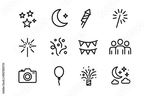 Festive Night Icons. Festive night. Line icon set of festive night: stars, moon, rocket firework, sparkler, burst, confetti, banner, crowd, camera, balloon,