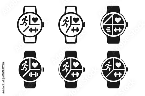 Fitness Tracker Logos. A close-up of a fitness tracker or smartwatch showing workout stats. Icon set. Set Logo of fitness tracker: smart wristband with
