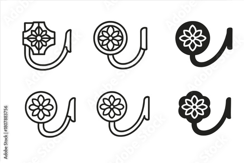 Curtain Tieback Icons. Curtain tieback. Icon set. Set Logo of curtain tieback: crystal knob medallion. harmonious logo variations of the same emblematic
