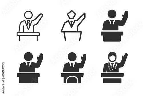 Courtroom Objection Icons. Lawyer Making Objections. Icon set. Set Logo of Courtroom Objection: courtroom debate gesture. harmonious logo variations of the