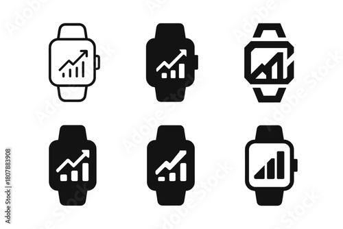 Sports Performance Logos. Sports performance tracking. Set Logo of Sports performance tracking: smartwatch face with rising chart. harmonious logo variations