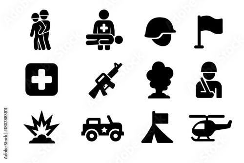 Soldier Icon Set. Soldier carrying injured comrade on the battlefield. Solid icon set of soldier carrying injured comrade on the battlefield: soldier, wounded