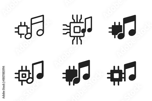 Tech Tunes Icons. The impact of technology on music. Icon set. Set Logo of The impact of technology on music: Musical notes. harmonious logo variations of the