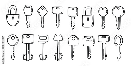 Sketch hand drawn doodle key icon set. Vintage locks and keys. Outline decor security elements collection.