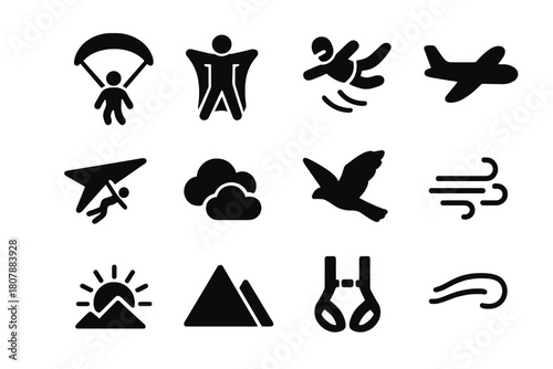 Aerial Adventure Icons. Aerial Adventure. Solid icon set of Aerial Adventure: paraglider, wingsuit, skydiver, airplane, hang glider, clouds, bird silhouette,